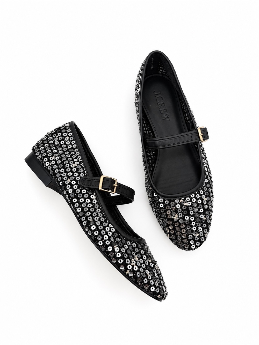 J.Crew Sequin Mary Jane Ballet Flats Black Silver Size 8.5